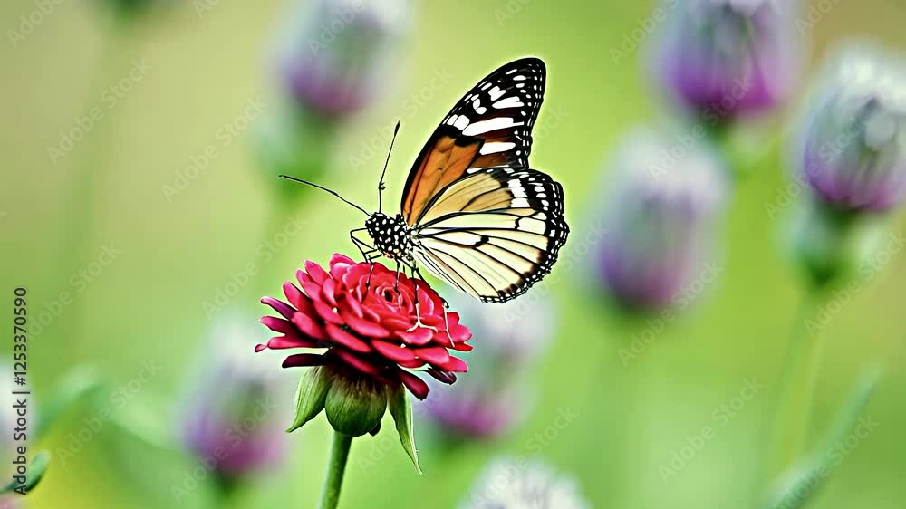 Butterfly rests on vibrant flower in a garden during summer afternoon light Butterfly rests on vibrant flower in a garden during summer afternoon light