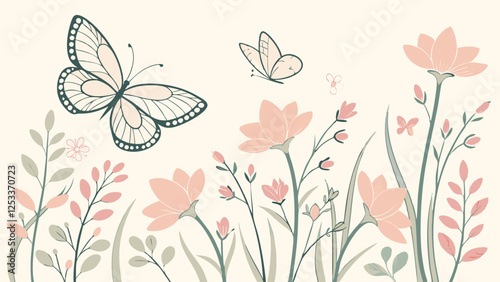 Watercolor butterfly background, gentle pastels with delicate butterflies and blooming flowers, symbolizing growth and transformation for International Women's Day with copy space 