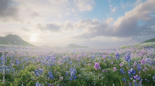 A vast field of lupine flowers under a serene sky with distant mountains