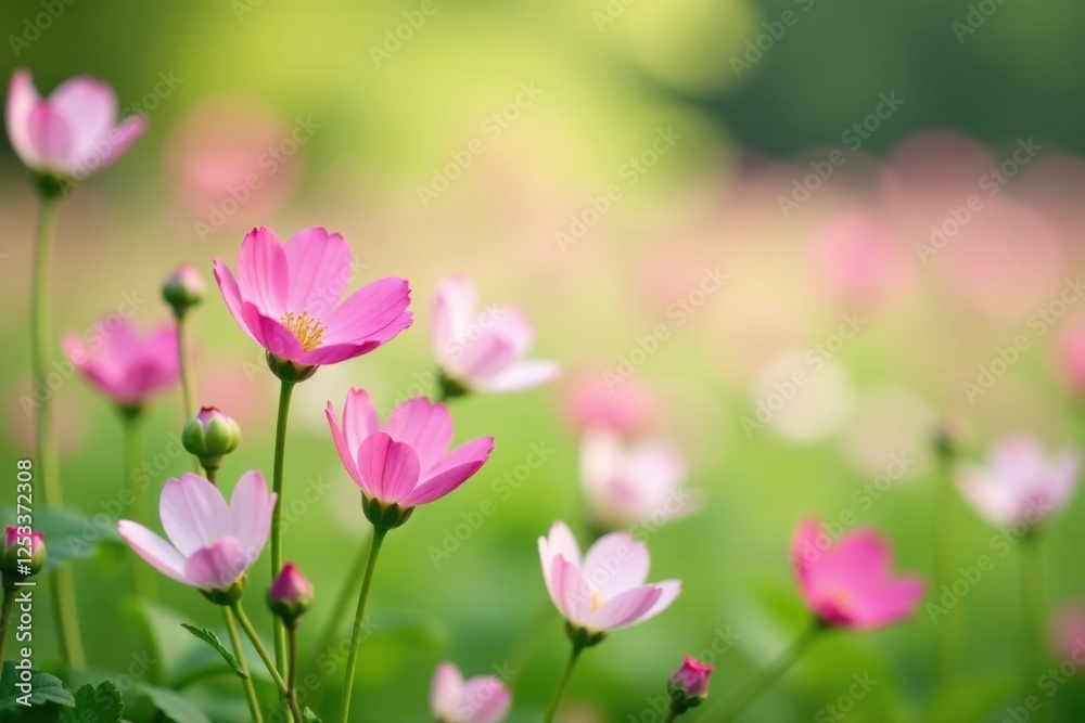 Delicate pink blossoms gently sway in a tranquil garden, bathed in soft sunlight, creating a serene and peaceful atmosphere.