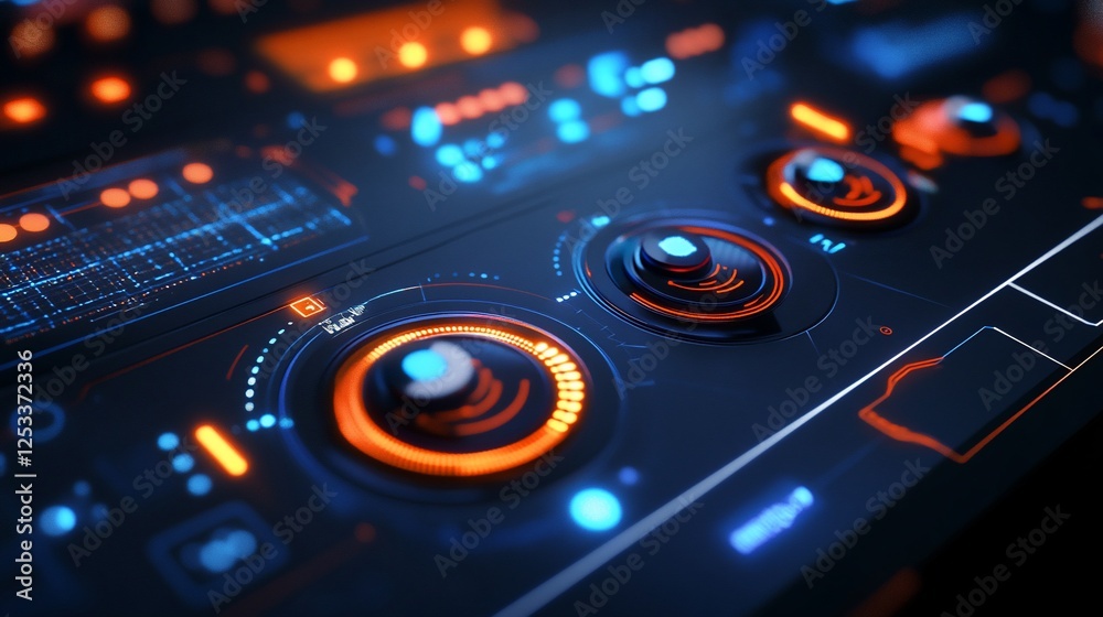 Abstract futuristic technology interface with glowing blue and orange elements Abstract futuristic technology interface with glowing blue and orange elements