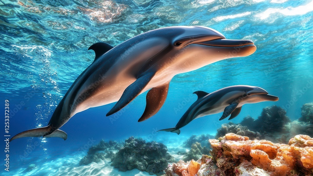 Fototapeta premium Dolphin swim underwater marine exploration concept. Two dolphins gracefully swim through a vibrant underwater scene, showcasing their beauty among colorful coral and clear blue water.