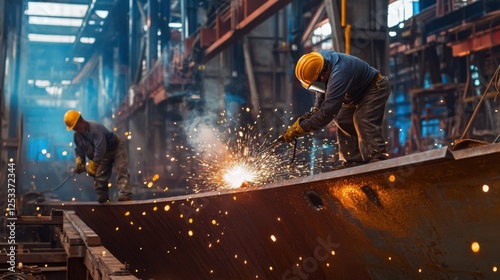 A focused view of workers in a shipbuilding yard welding steel plates onto a large vessel, Shipbuilding scene, Industrial and maritime style photo