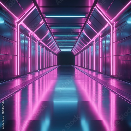 Futuristic pink blue neon corridor, reflective floor, dark background, sci-fi scene