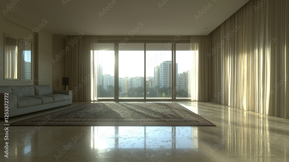 Fototapeta premium Sunlit modern apartment living room, city view, sunrise