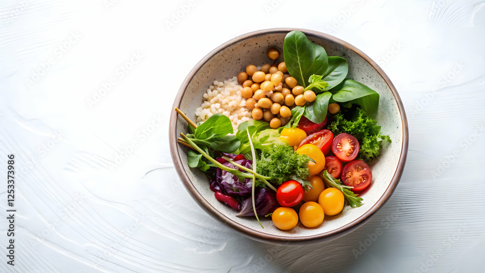 Vibrant Vegan Bowl: A colorful and nutritious vegan bowl features brown rice, chickpeas, cherry tomatoes, mixed greens, and fresh herbs, a perfect blend of flavor and health. Vibrant Vegan Bowl: A colorful and nutritious vegan bowl features brown rice, chickpeas, cherry tomatoes, mixed greens, and fresh herbs, a perfect blend of flavor and health.