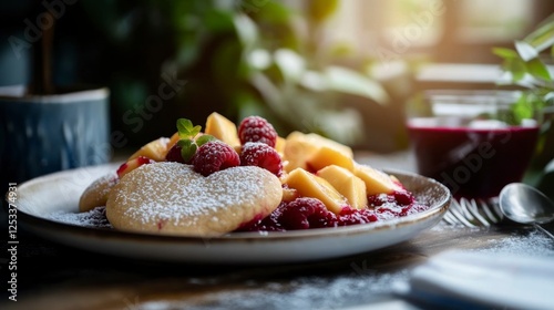 Delicious and healthy gourmet breakfast.Pancakes with fruits, berries.