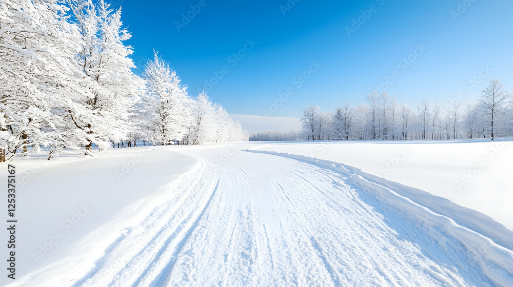 Obraz premium Snowy path winding through winter forest, sunny day