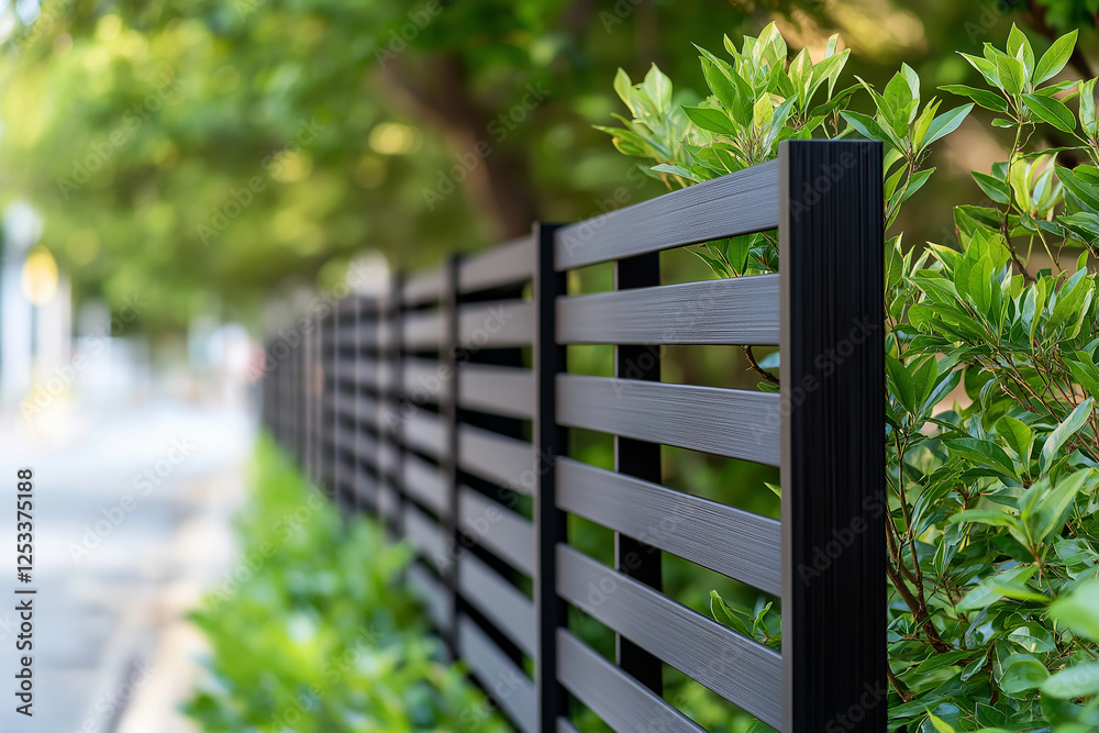 Modern black garden fence with horizontal slats, surrounded by lush greenery, creates stylish outdoor space. design enhances privacy while blending with nature beauty Modern black garden fence with horizontal slats, surrounded by lush greenery, creates stylish outdoor space. design enhances privacy while blending with nature beauty