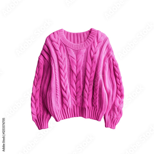 A cozy pink knitted sweater featuring a cable knit design and a relaxed fit, Isolated on white background.