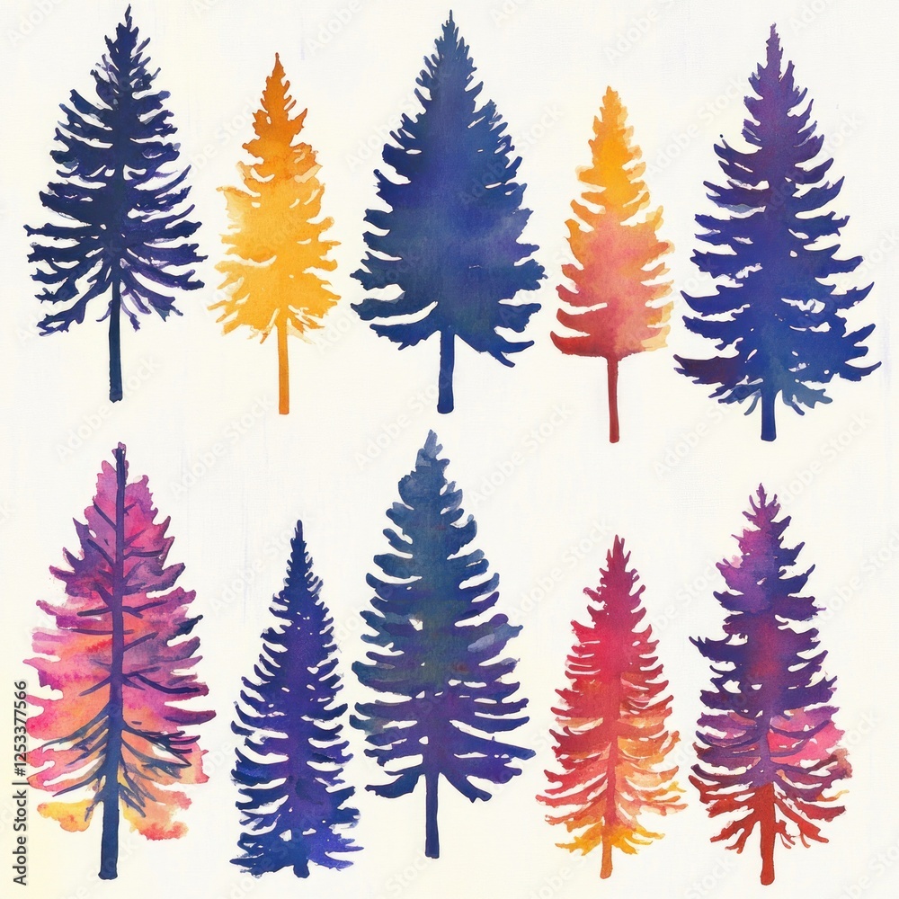 Obraz premium Colorful watercolor pine trees, forest design, nature illustration, background for cards