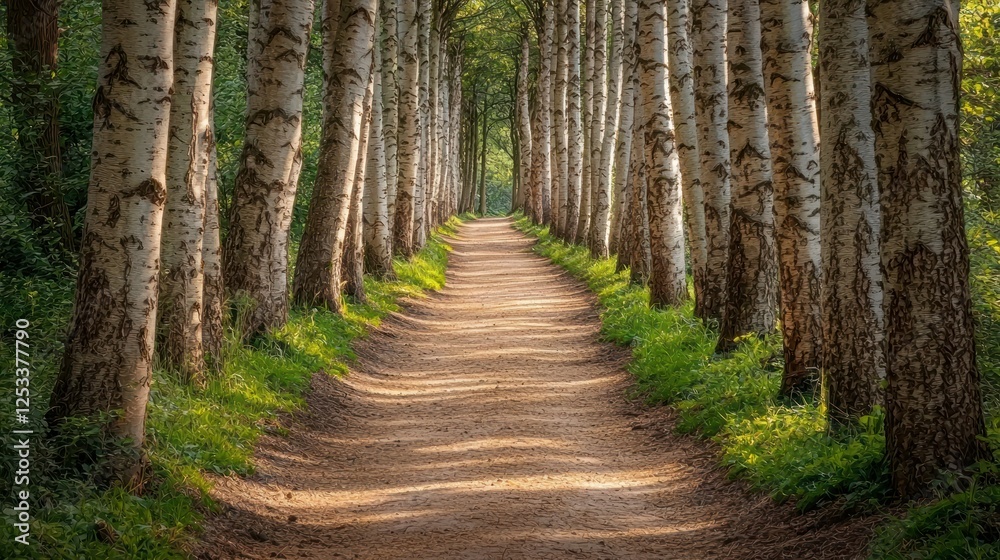 Sunlit path through birch tree avenue Sunlit path through birch tree avenue