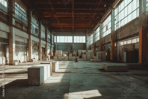 Empty Industrial Warehouse Interior Sunlight photo