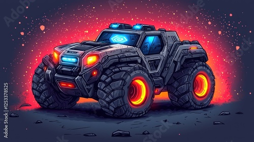 Futuristic all-terrain vehicle illustration with vibrant neon details