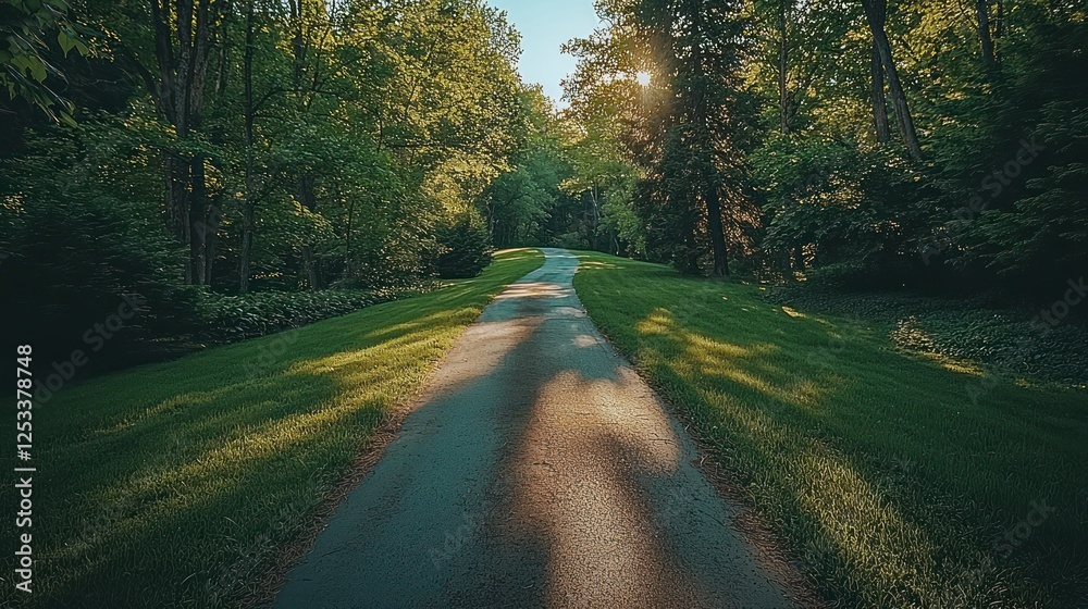 Obraz premium Sunlit path through lush green park, tranquil scene