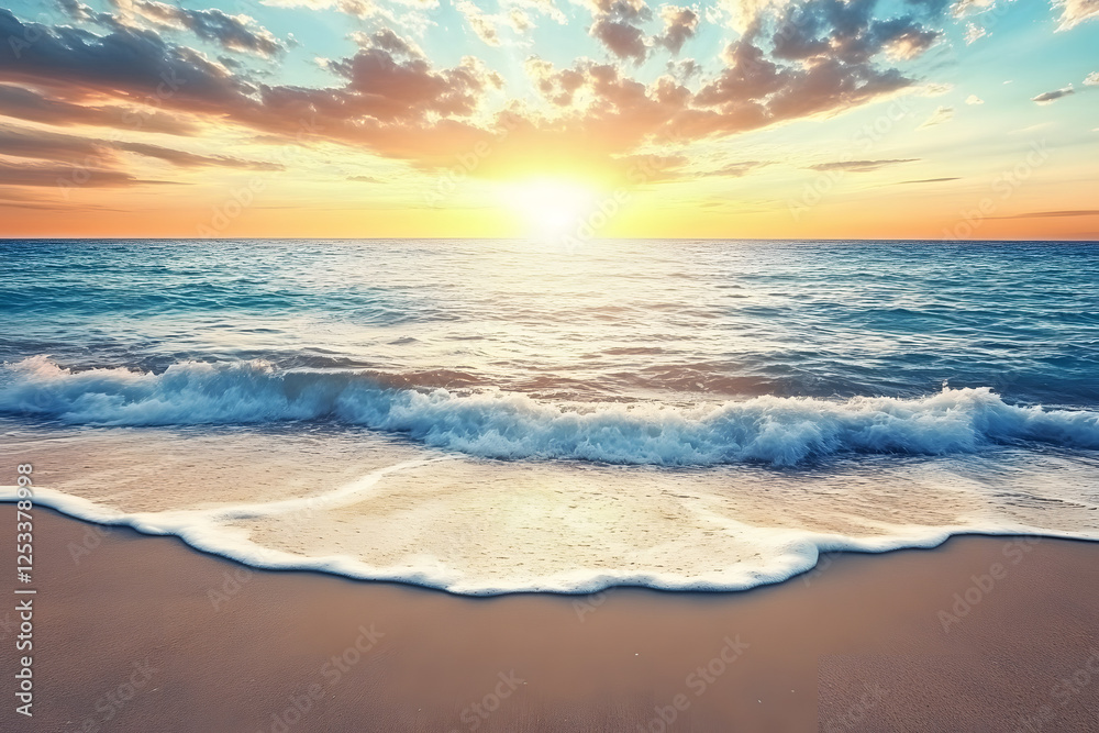 Fototapeta premium Beautiful sunset over the ocean with waves and sand on the beach background, a summer vacation concept