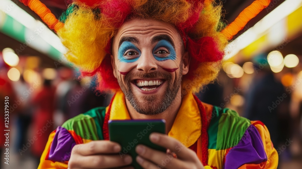 Man in a clown costume is holding a cell phone and smiling. Concept of fun and lightheartedness, as the man is enjoying himself while using his phone Man in a clown costume is holding a cell phone and smiling. Concept of fun and lightheartedness, as the man is enjoying himself while using his phone