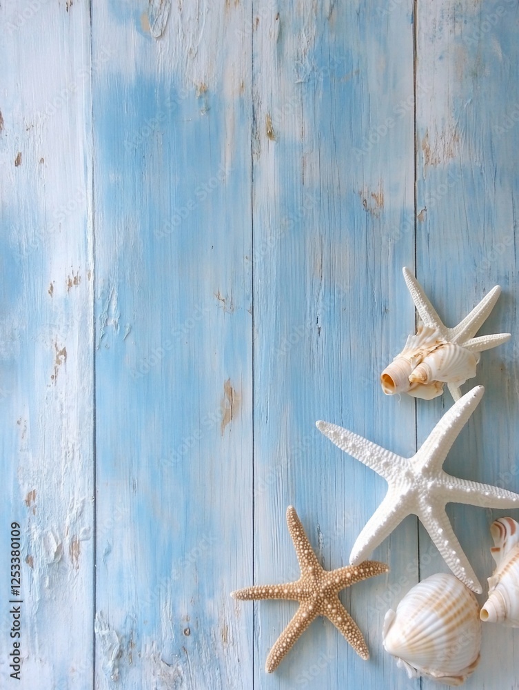 Seashells on light blue wooden background Seashells on light blue wooden background