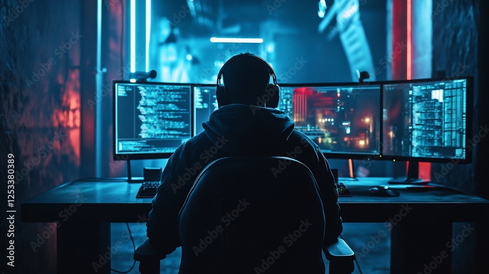 Person with headphones facing three computer screens with blue light code and red accents Person with headphones facing three computer screens with blue light code and red accents