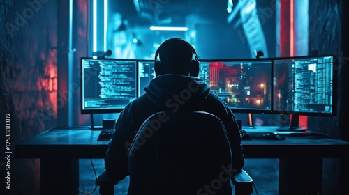 Person with headphones facing three computer screens with blue light code and red accents photo