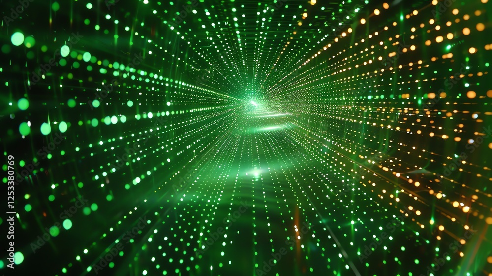 Obraz premium Green and yellow glowing dots form a futuristic tunnel.