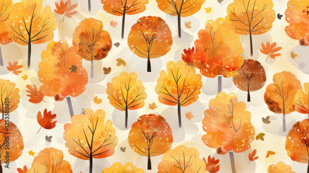 Obraz premium Vibrant autumn trees with orange and yellow leaves create cheerful pattern, showcasing beauty of fall foliage and nature seasonal transformation