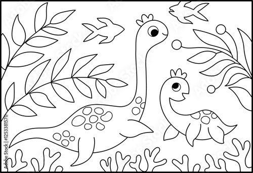 Vector horizontal black and white scene with swimming plesiosaur and his baby. Mother and child water dinosaur landscape line illustration. Cute prehistoric coloring page with sea, seaweed