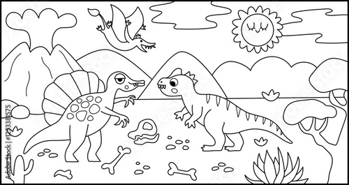 Vector horizontal black and white scene with allosaurus and spinosaurus in the desert. Dinosaur line landscape illustration. Cute prehistoric coloring page with raptors, bones, volcano