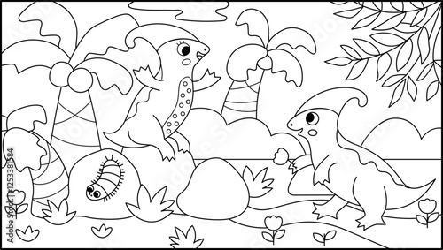 Vector horizontal black and white scene with parasaurolophus bringing flower to his girlfriend. Dinosaur line landscape illustration. Cute prehistoric coloring page with flowers, palm trees