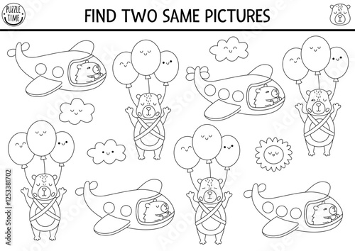 Find two same capybaras. Capibara black and white matching activity for children. Educational line quiz worksheet for kids. Printable game, coloring page with animals flying on plane and balloons