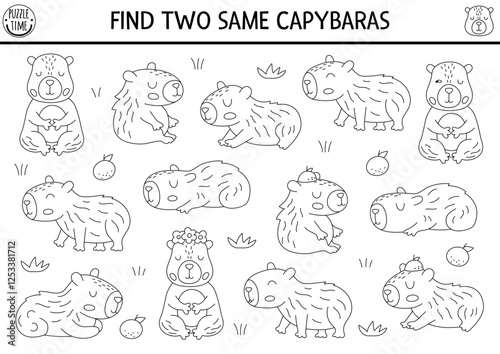 Find two same capybaras. Capibara black and white matching activity for children. Educational line quiz worksheet for kids for attention skills. Simple printable game, coloring page with cute animals