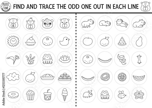 Find the odd one out. Capybara black and white logical activity for kids. Capibara educational line quiz worksheet. Printable game, coloring page with cute animals, flowers, fruits, food, tangerine