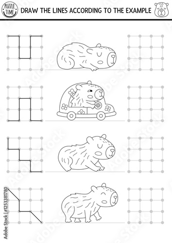 Capybara drawing, writing, tracing, space orientation activity for kids with cute animals. Draw lines in square box. Black and white printable game, puzzle, coloring page with capibaras