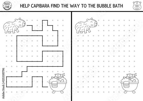 Capybara drawing, writing, tracing, space orientation activity for kids. Draw lines in box according example. Black and white printable game, puzzle, coloring page with animal, bubbly bath