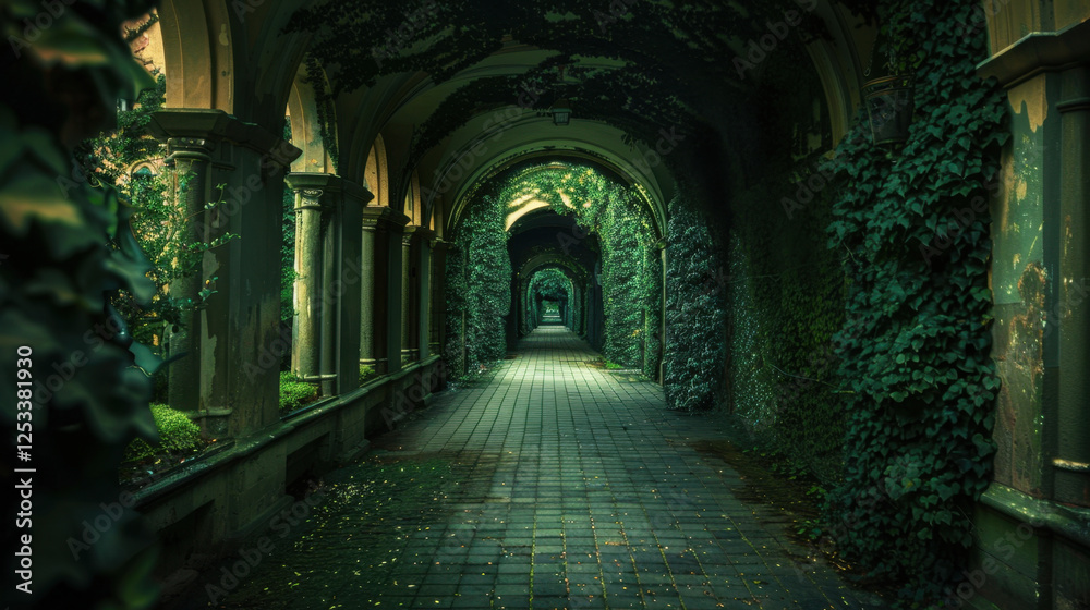 serene, overgrown corridor lined with lush greenery and arches creates tranquil atmosphere. path invites exploration through nature embrace serene, overgrown corridor lined with lush greenery and arches creates tranquil atmosphere. path invites exploration through nature embrace