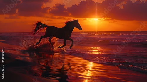 Image of a horse running on the beach at sunset. The horse is black and the sun is setting behind it, casting a warm glow over the scene.