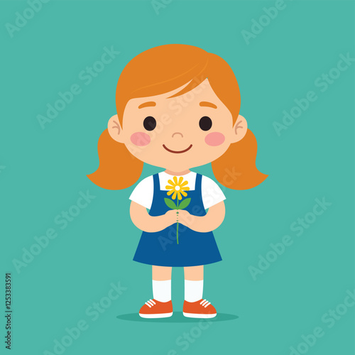 Happy cute little kid girl holding flower with good smell, Flat Vector Illustration.