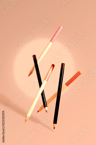 Elegant set of flying cosmetic pencils for eyes and brows in neutral tones on a soft beige background.