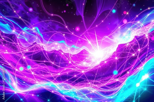 Abstract Purple and Cyan Energy Field with Glowing Stars photo