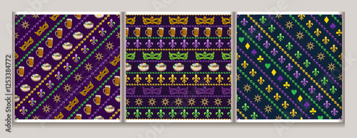 Mardi Gras seamless patterns with holiday trinket, strings of beads. Geometric pattern with stripes on dark background. Vintage style illustration