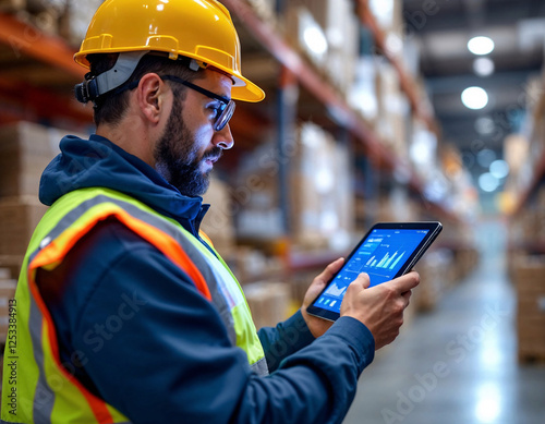 Construction worker monitoring inventory with tablet in warehouse during daytime