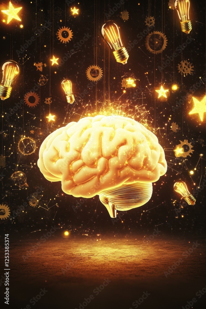 Fototapeta premium Illuminated brain with glowing gears and lightbulbs on a starry backdrop