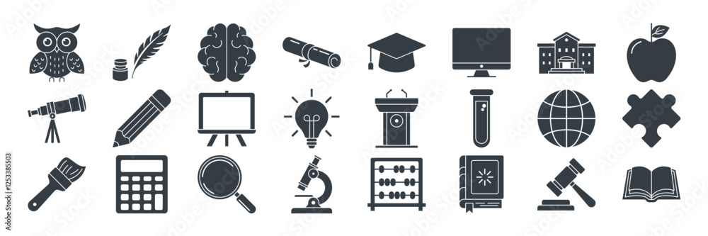 Education icons set, Included icons as Apple, Telescope, Owl, Diploma and more symbols collection, logo isolated vector illustration Education icons set, Included icons as Apple, Telescope, Owl, Diploma and more symbols collection, logo isolated vector illustration