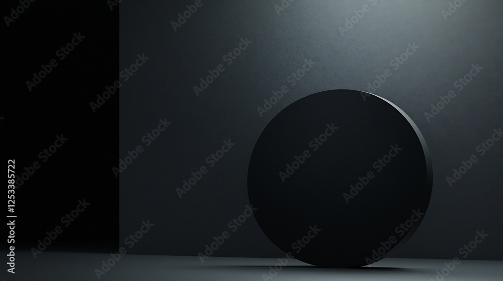Minimalist dark scene featuring a black disk against a textured dark background with corner wall Minimalist dark scene featuring a black disk against a textured dark background with corner wall
