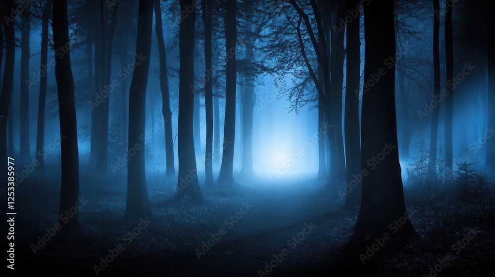 Fototapeta premium Forest background image showing a dark forest with tall trees and fog, illuminated by the soft glow of moonlight