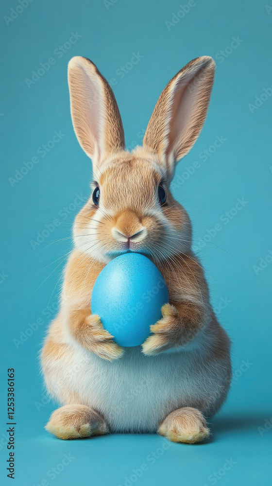 Fototapeta premium Easter bunny rabbit holding a blue painted egg on a blue background