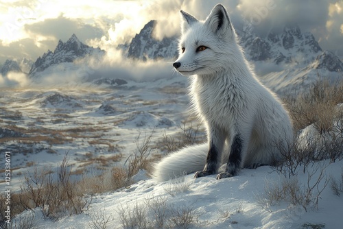 Arctic Fox Majestically Perched Amidst Snowy Mountains
