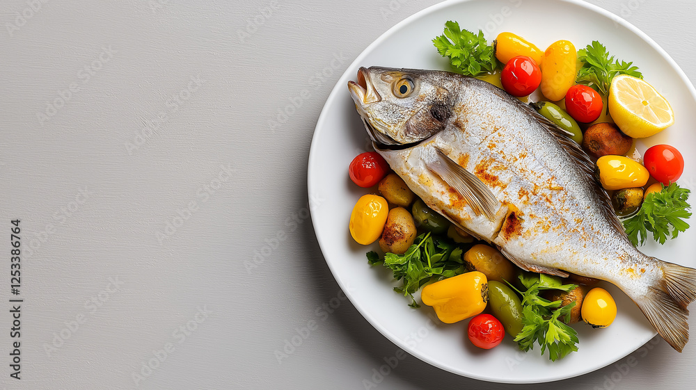 Fresh fish served with colorful vegetables and herbs on white plate, creating vibrant and appetizing presentation. Perfect for healthy meal or gourmet dining experience Fresh fish served with colorful vegetables and herbs on white plate, creating vibrant and appetizing presentation. Perfect for healthy meal or gourmet dining experience