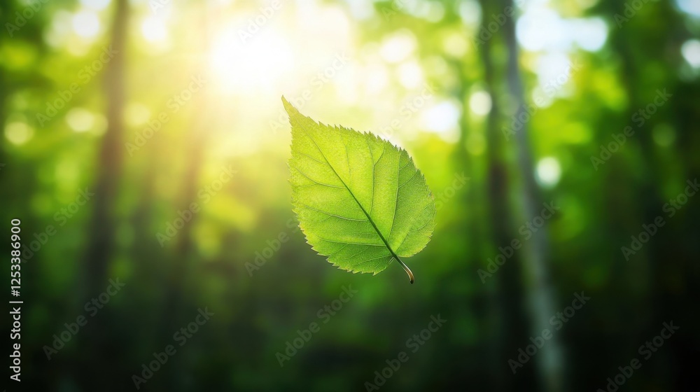 Fototapeta premium A single leaf drifts in a tranquil forest bathed in soft sunlight, embodying peace and natural harmony.