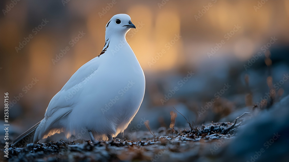 A focused image of a willow ptarmigan standing on the ground, with white winter plumage and a gentle expression, illuminated by soft light A focused image of a willow ptarmigan standing on the ground, with white winter plumage and a gentle expression, illuminated by soft light